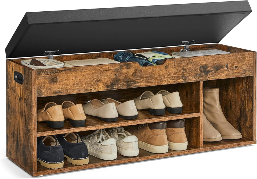 Rustic Brown Shoe Storage Bench, Cushion 3 Compartments Hidden Seat 100x30x44