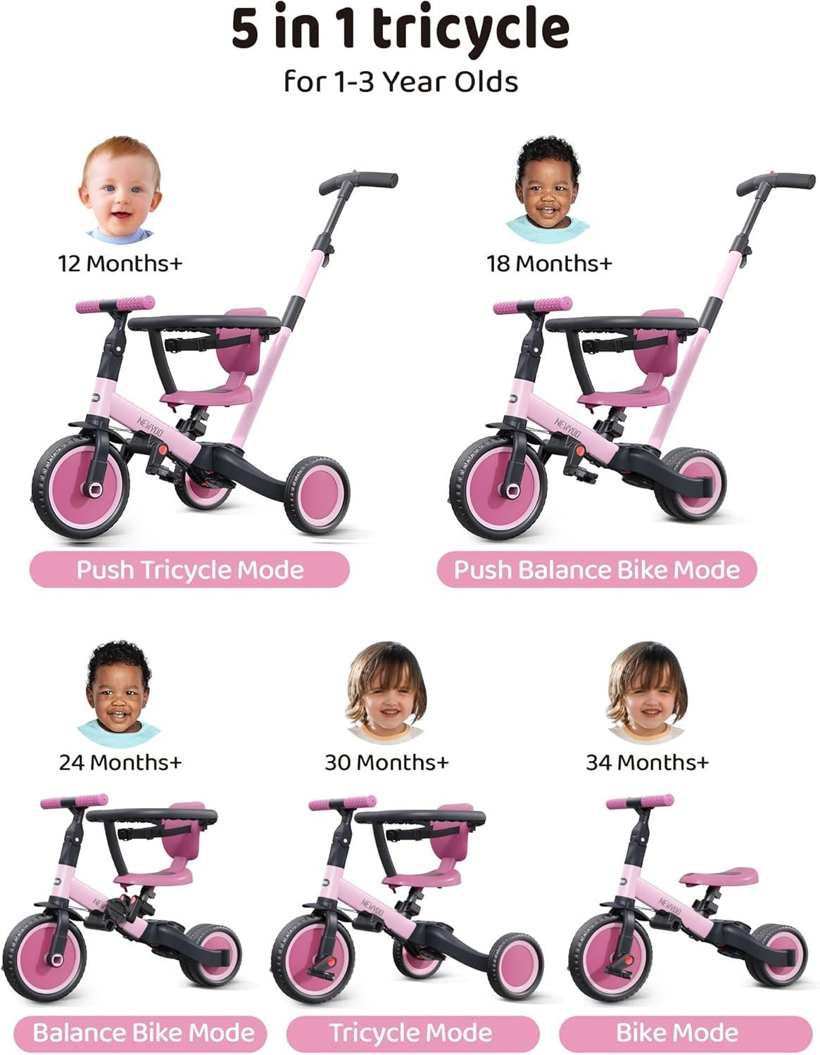 5 in 1 Toddler Tricycle Parent Handle Safety Guard Balance Bike Rose