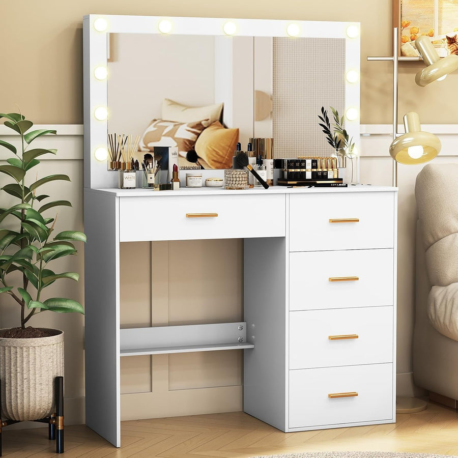 Vanity Table Large Lighted Mirror Desk 3 Color LED 5 Drawer Engineered Wood