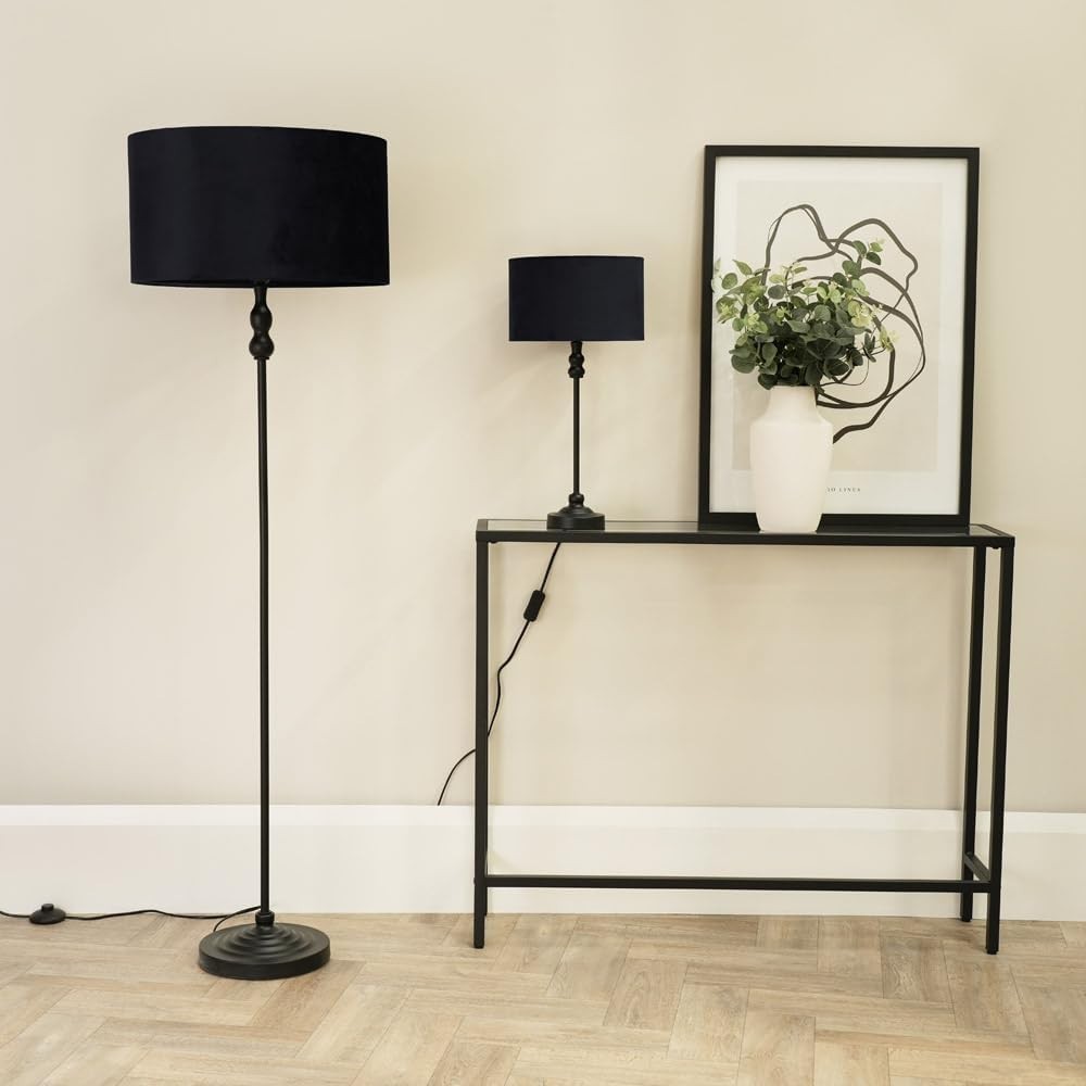 Black Metal Floor Lamp with Velvet Shade & LED Bulb, Modern Living Light