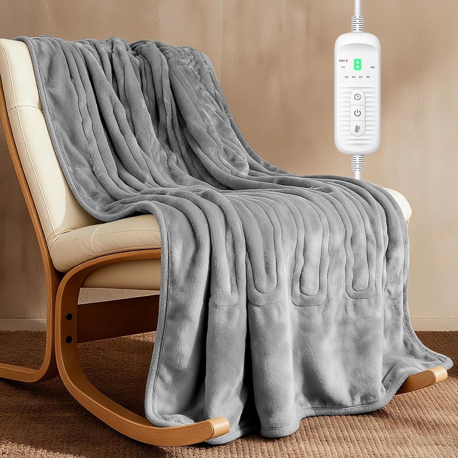 Electric Heated Throw Blanket Timer 9 Heat Levels Reversible Soft Warm 180x130cm