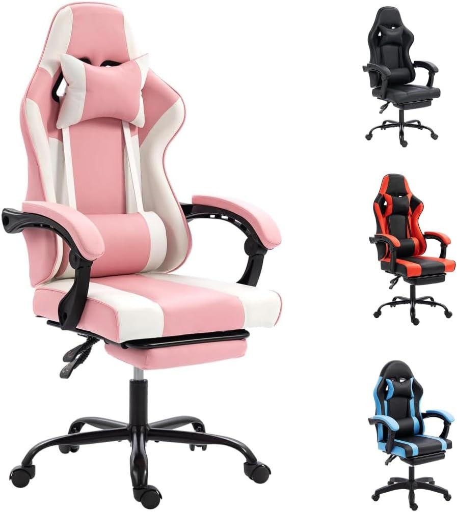 Pink Gaming Chair Recliner with Footrest High Back Swivel Desk Seat