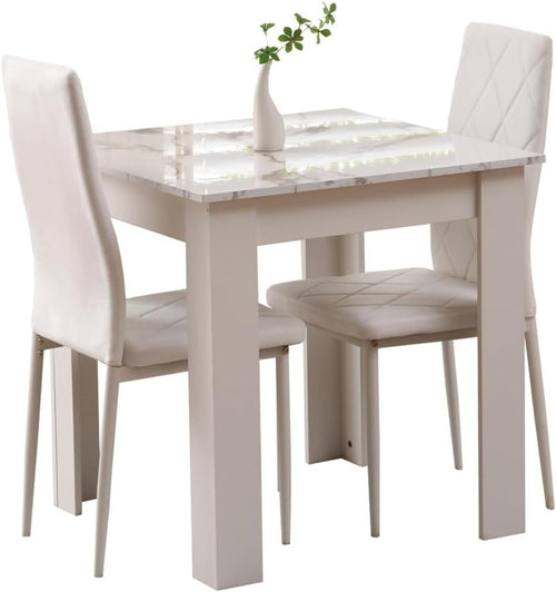 3 Piece Dining Table Set Marble Top & 2 Velvet Chairs for Small Spaces