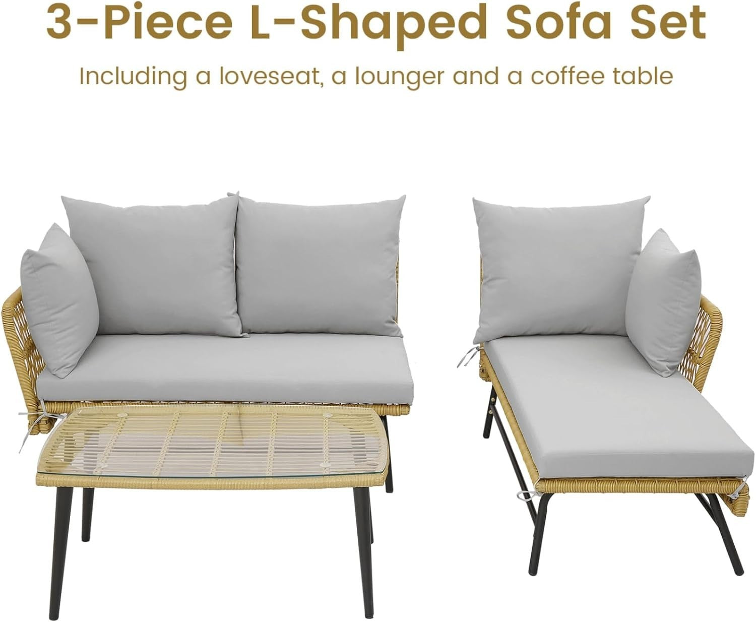 3PC L-Shaped Rattan Garden Corner Sofa Set Patio Lounge Glass Table Grey