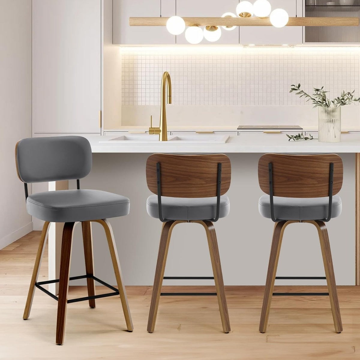 Grey PU Leather Swivel Bar Stools Set of 3 | Wooden Counter Chairs