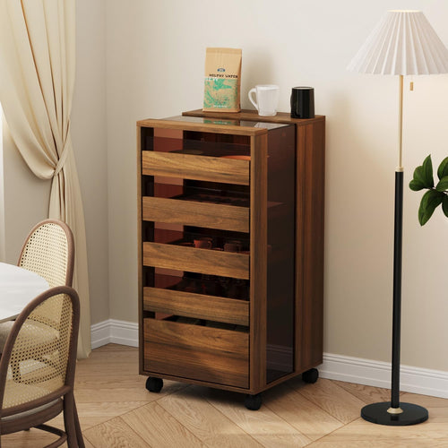 Glass Drinks Trolley on Wheels 5 Drawer Bar Cart Storage Cabinet Walnut