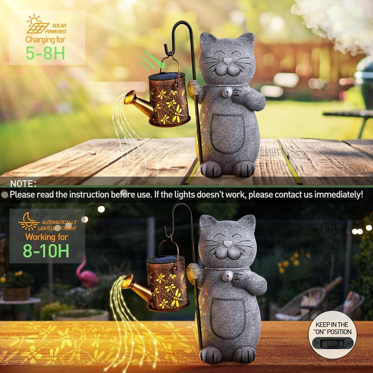 Solar Cat Garden Ornament with Watering Can Lights • Outdoor Resin Statue Gift