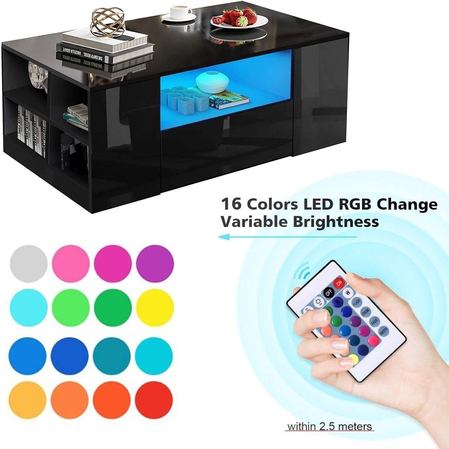 Black High Gloss Coffee Table with LED Lights, 2 Drawers & Storage 95x55x37cm