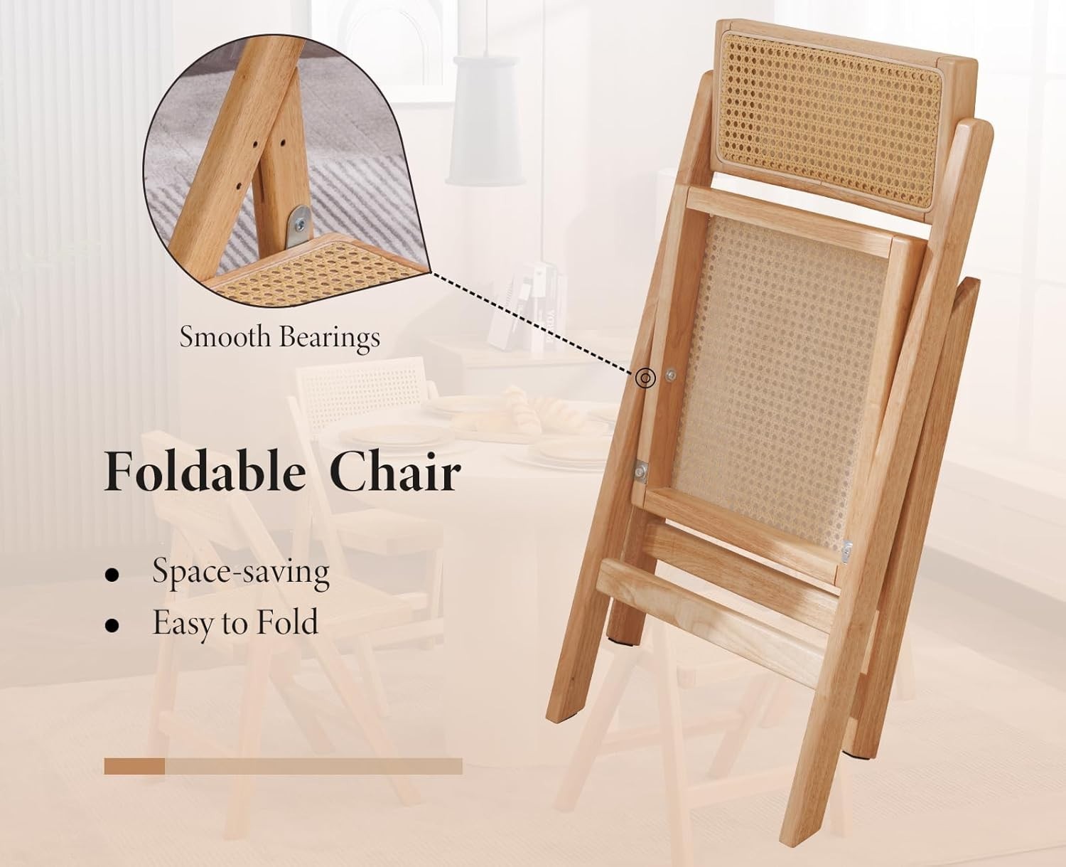 Beige Foldable Rattan Dining Chairs Set of 2 Space Saving Wooden Kitchen Seats