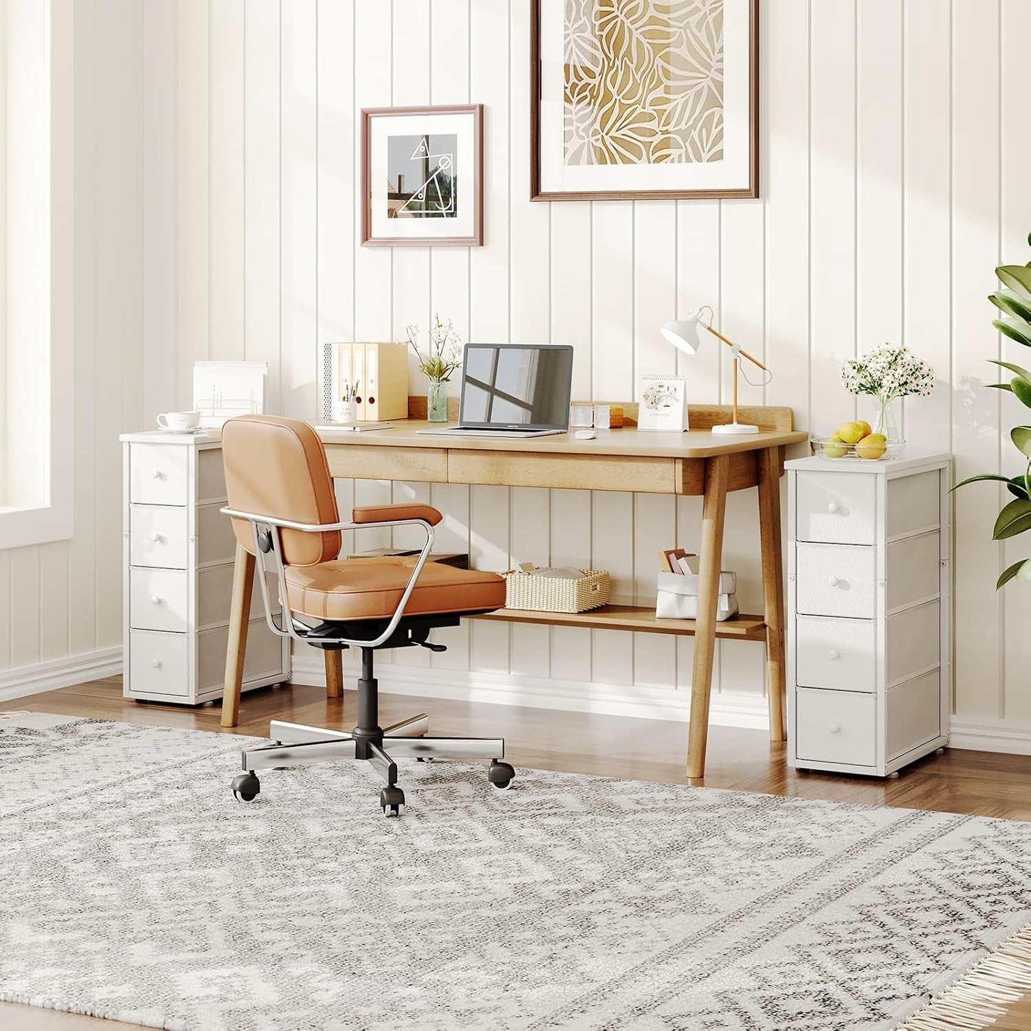Slim 5-Drawer Tall Storage Cabinet with Wood Top Bedroom Hallway Organizer Unit