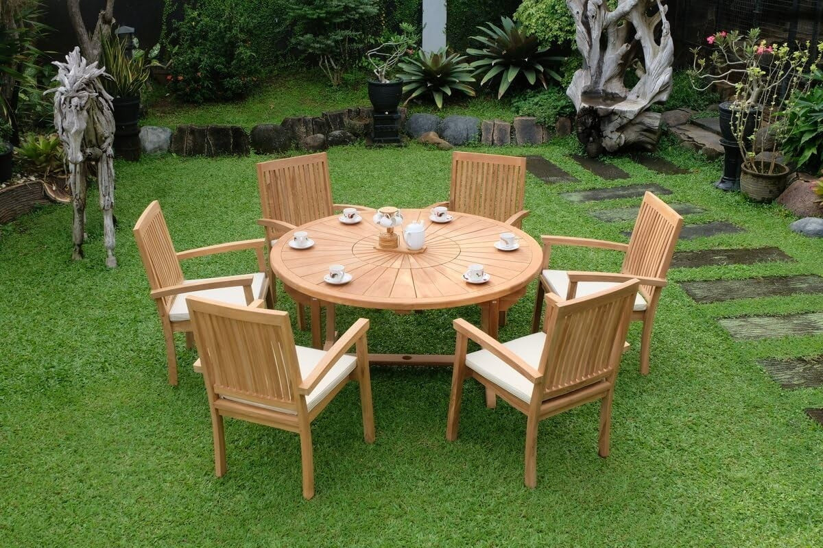 Teakwood Outdoor Garden Dining Set with Parasol & Cushions - 7 Piece Patio