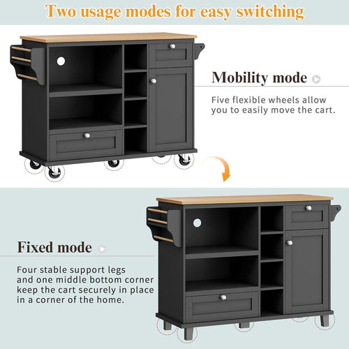 Modern Rolling Kitchen Island Cart with Adjustable Shelves & Spacious Storage