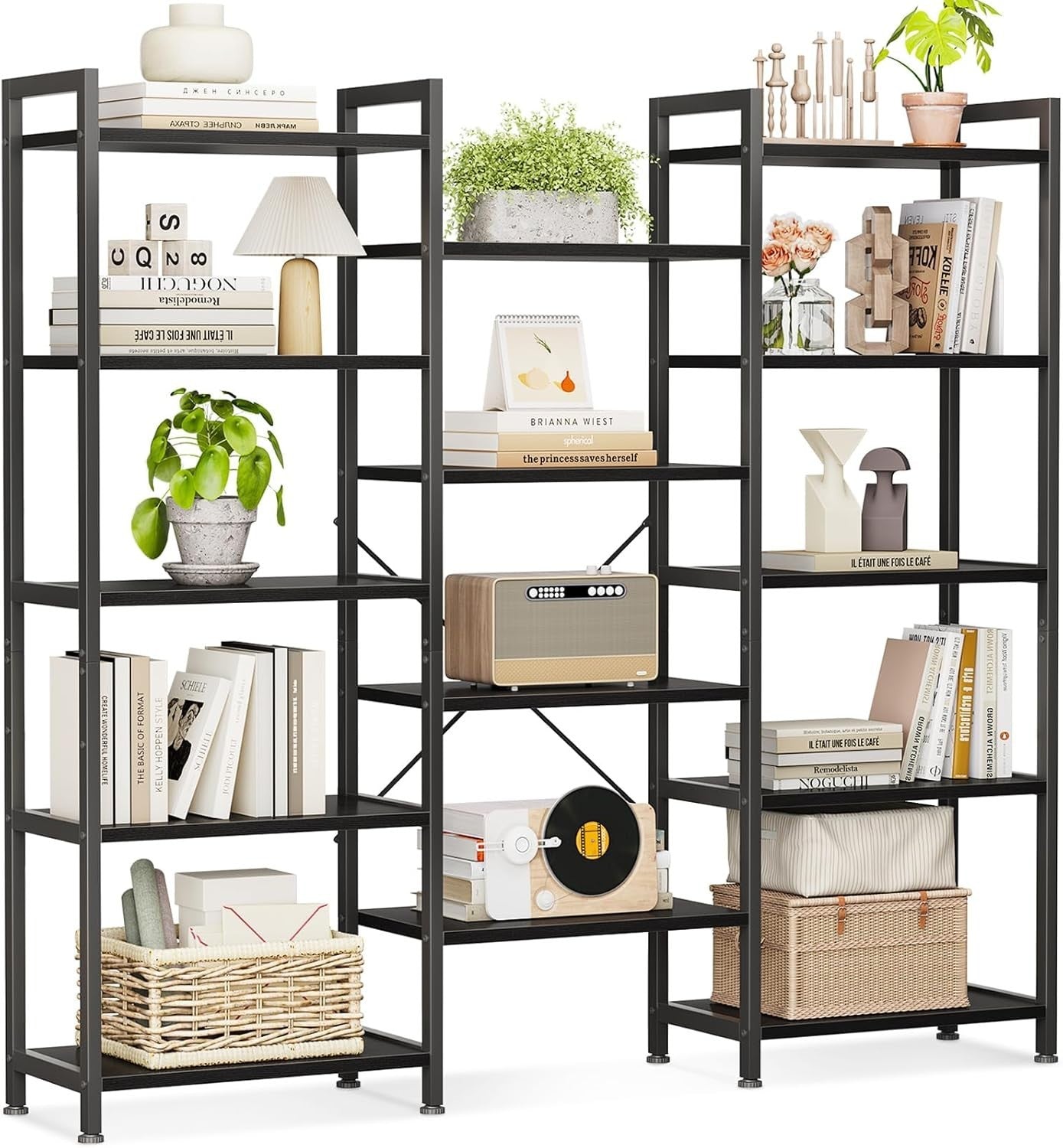 5 Tier Triple Bookshelf Industrial 14 Shelf Wide Bookcase Black Metal
