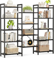5 Tier Triple Bookshelf Industrial 14 Shelf Wide Bookcase Black Metal