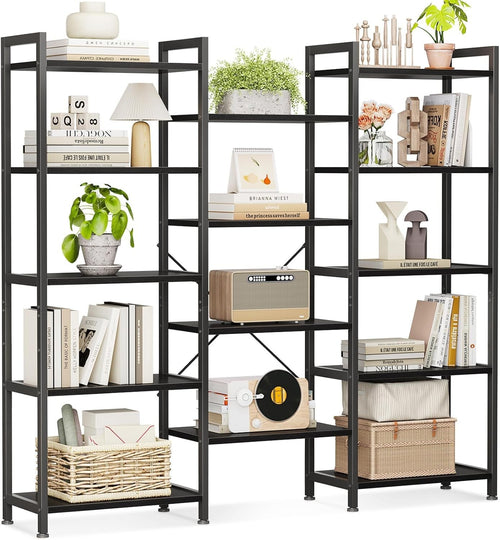 5 Tier Triple Bookshelf Industrial 14 Shelf Wide Bookcase Black Metal