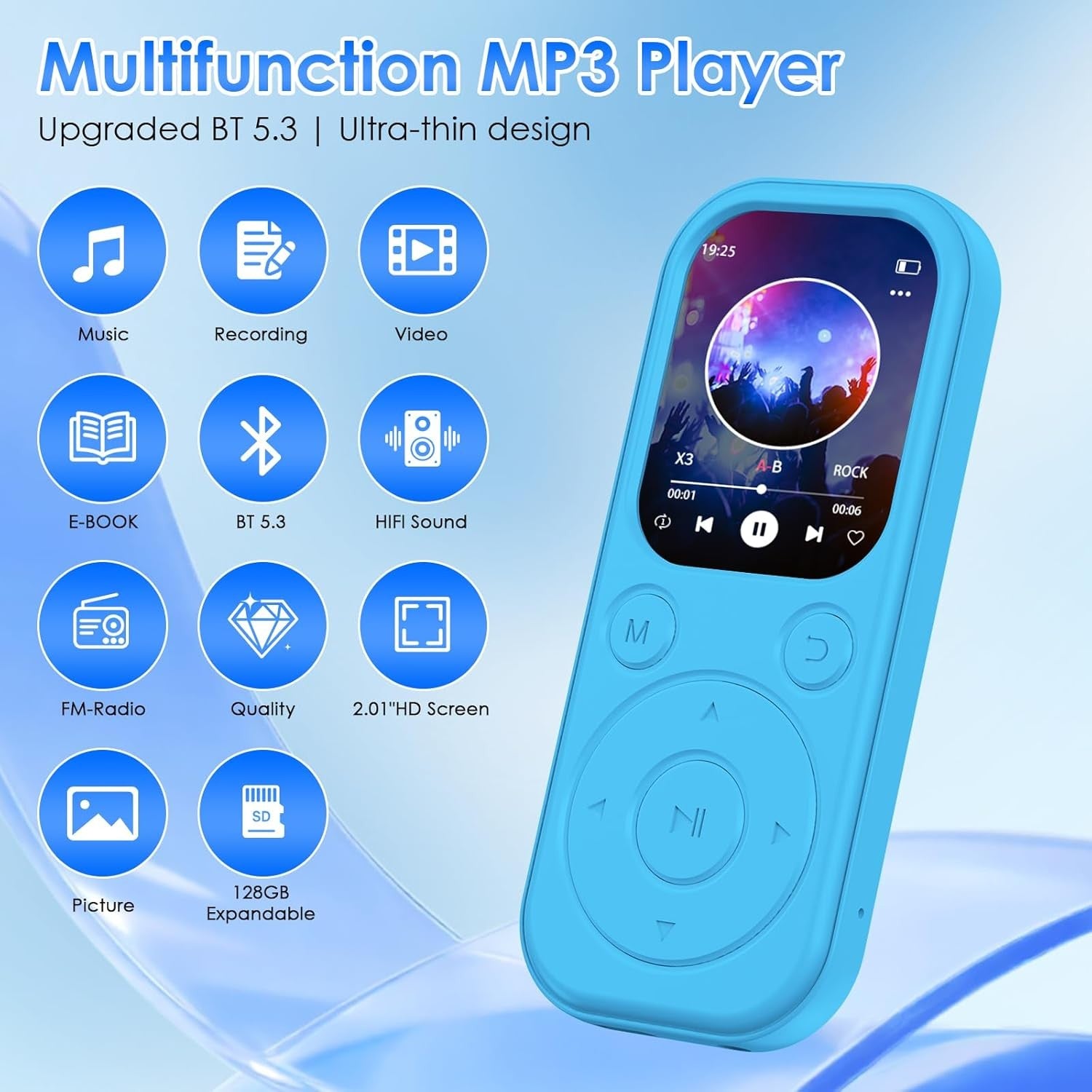 64GB Bluetooth 5.3 MP3 Player Blue HiFi FM Radio 300mAh