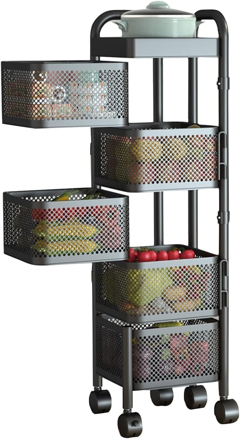 5 Tier Rotating Storage Trolley on Wheels Kitchen Bathroom Basket Rack Black
