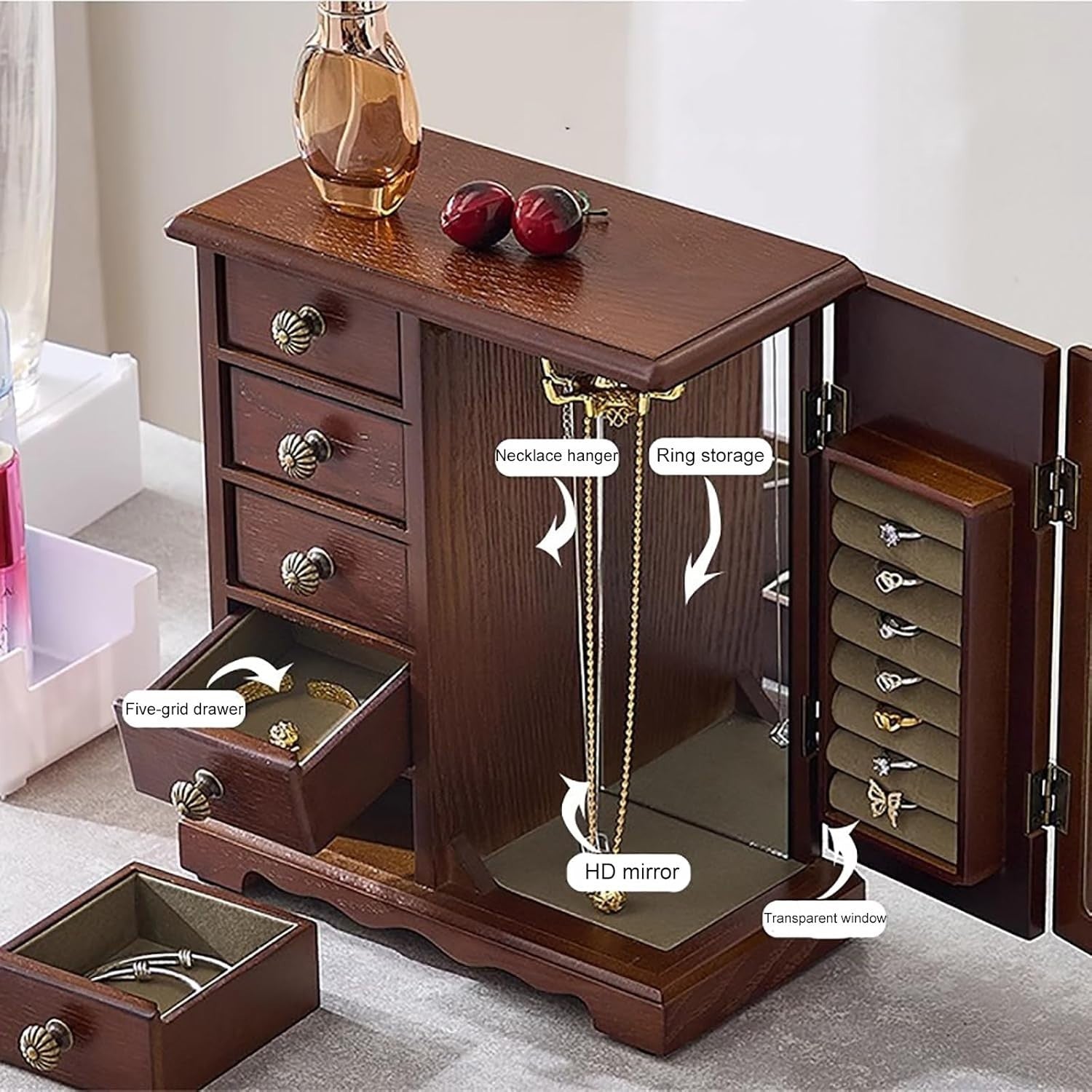 White Standing Jewelry Box with 5 Drawers Mirror Organizer for Rings