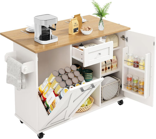 Kitchen Island Trolley on Wheels Expandable Worktop Drawer Storage White
