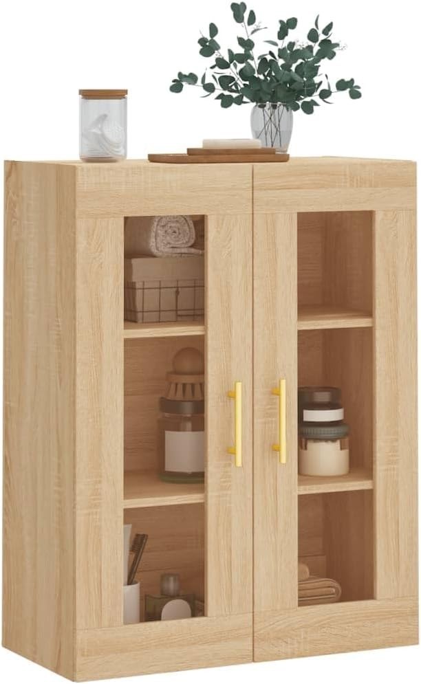 Wall Mounted Sonoma Oak Storage Cabinet with Glass Doors & Gold Handles