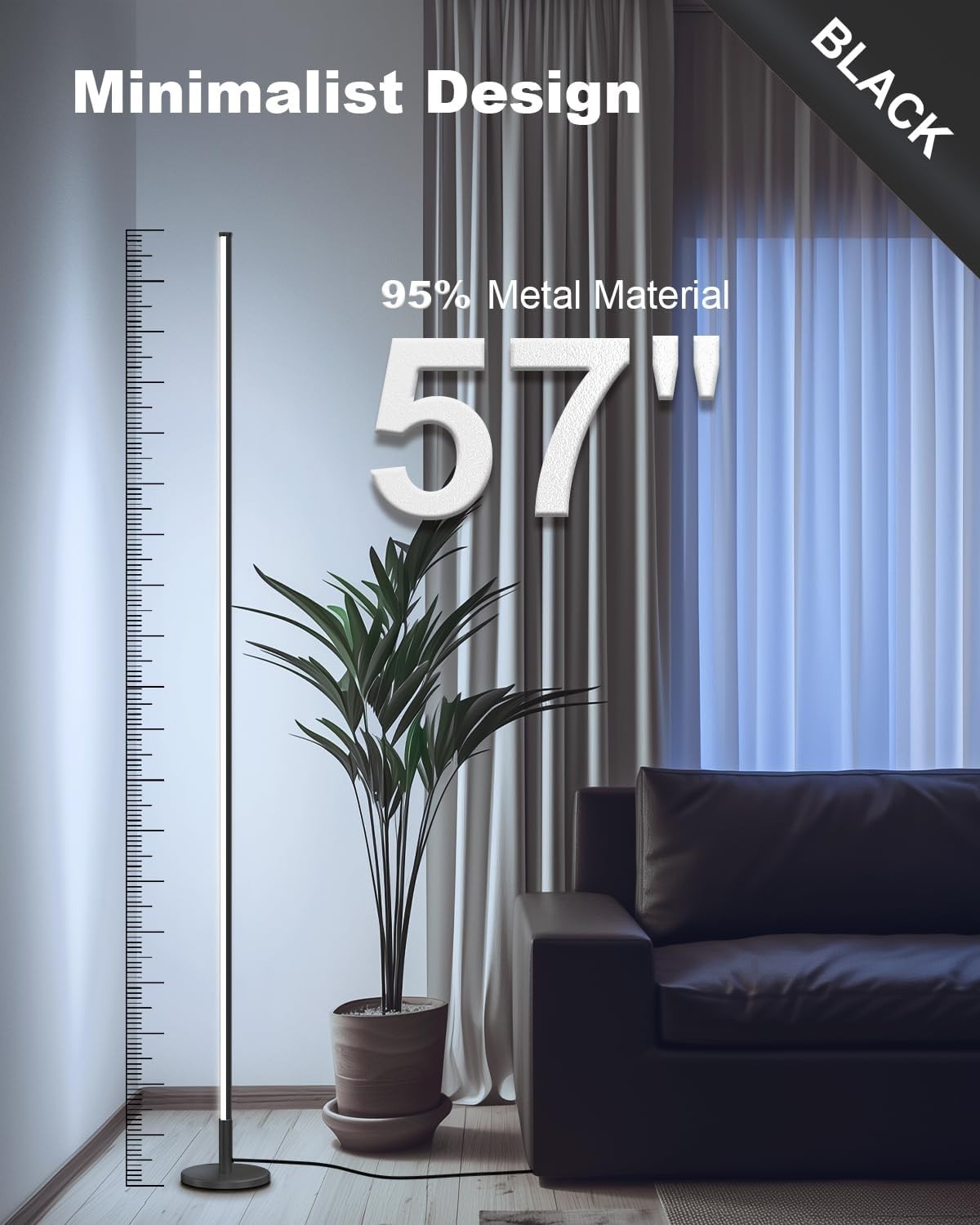 Minimalist Corner Floor Lamp LED Dimmable Remote Standing Light Black