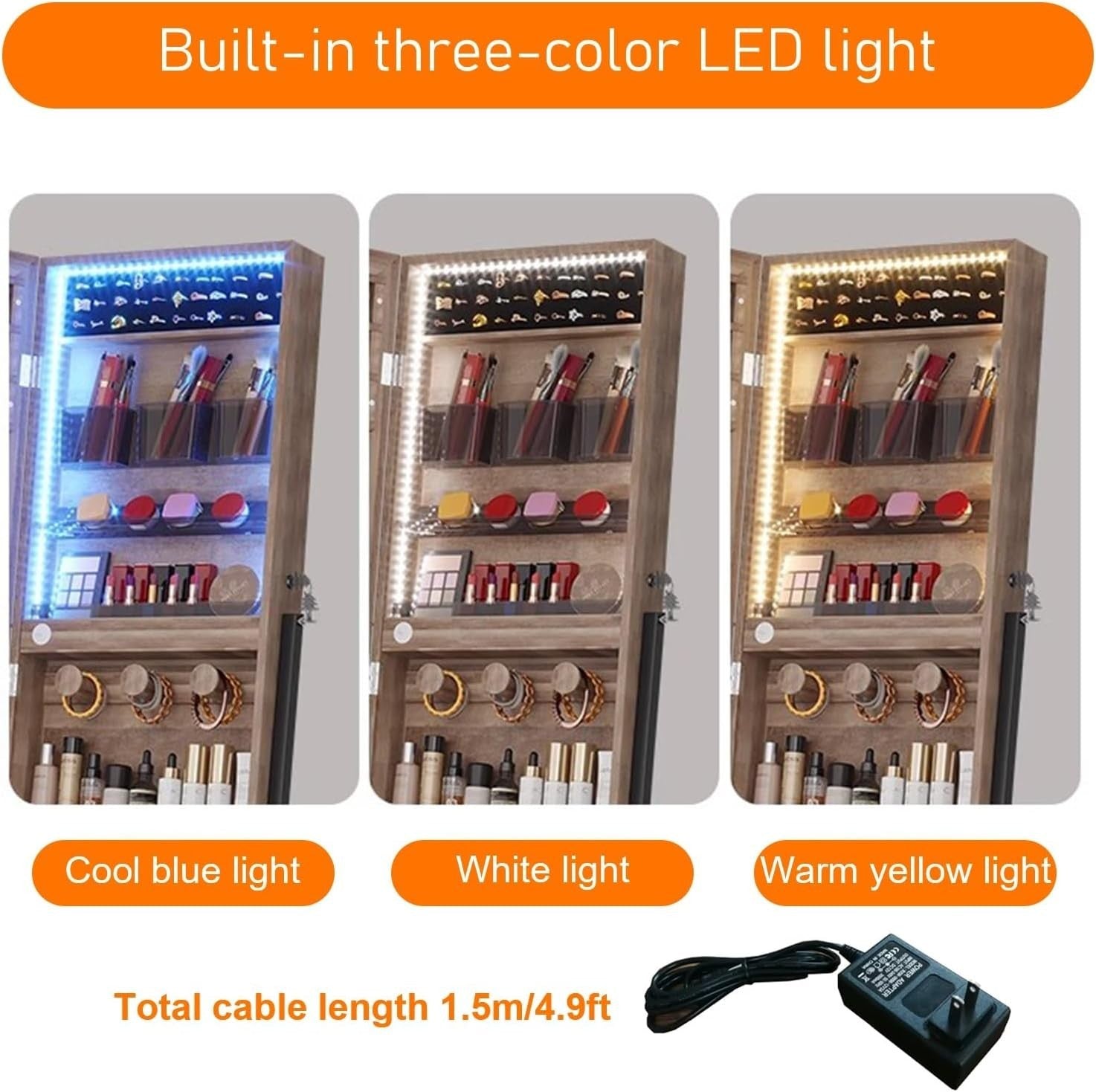 LED Standing Jewelry Cabinet Full Length Mirror Lockable Storage White
