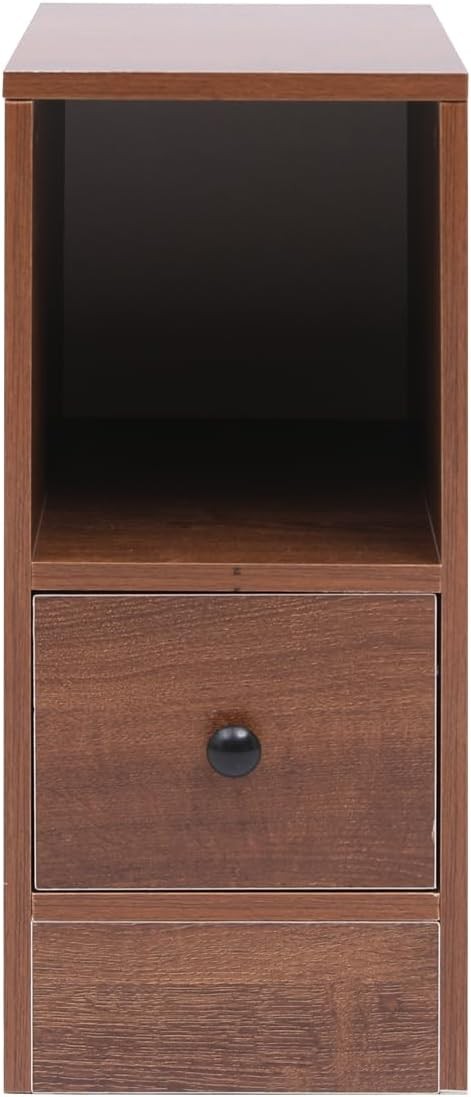 Dark Walnut Slim Storage Cabinet with Drawer – Modern Narrow Bedside Unit