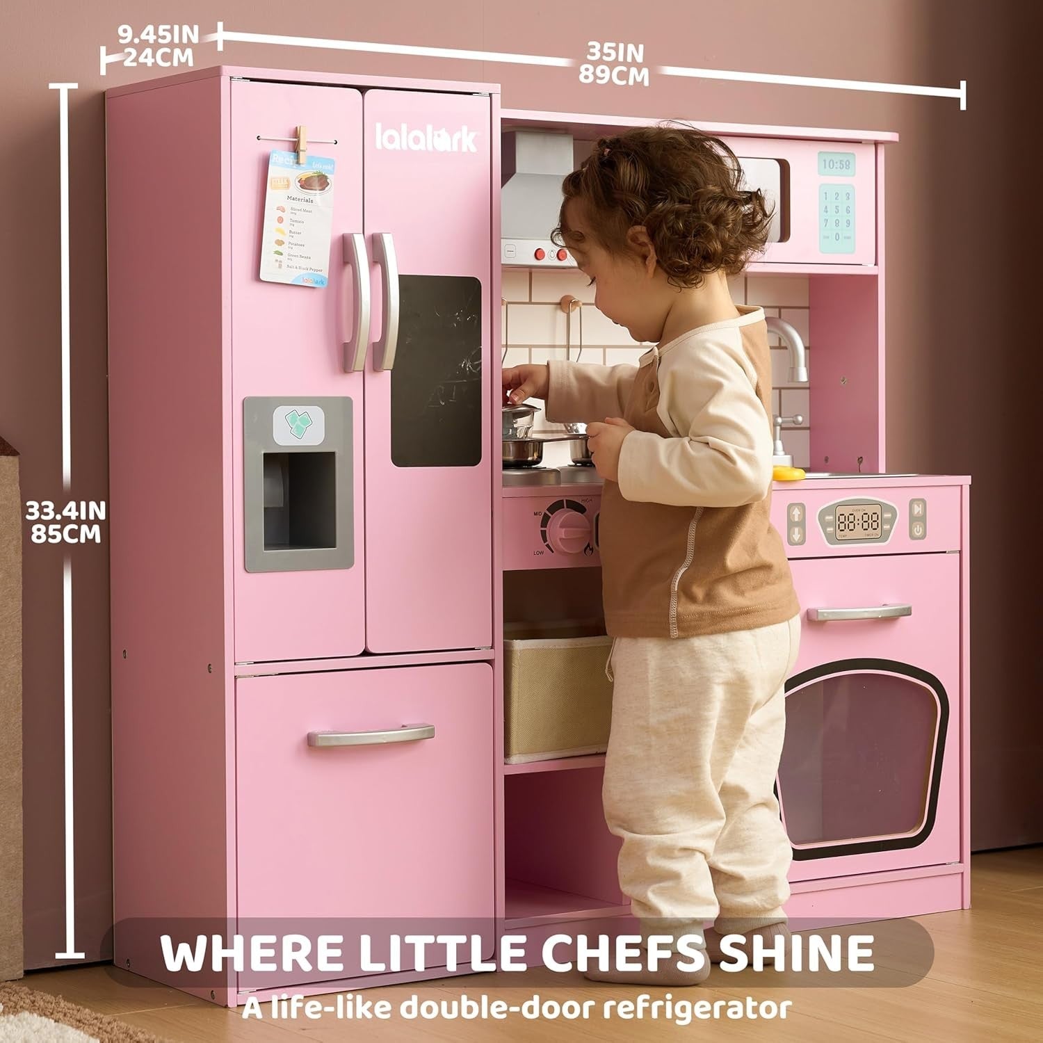 Large Wooden Kids Play Kitchen w/ Lights Sounds Ice Maker Pink