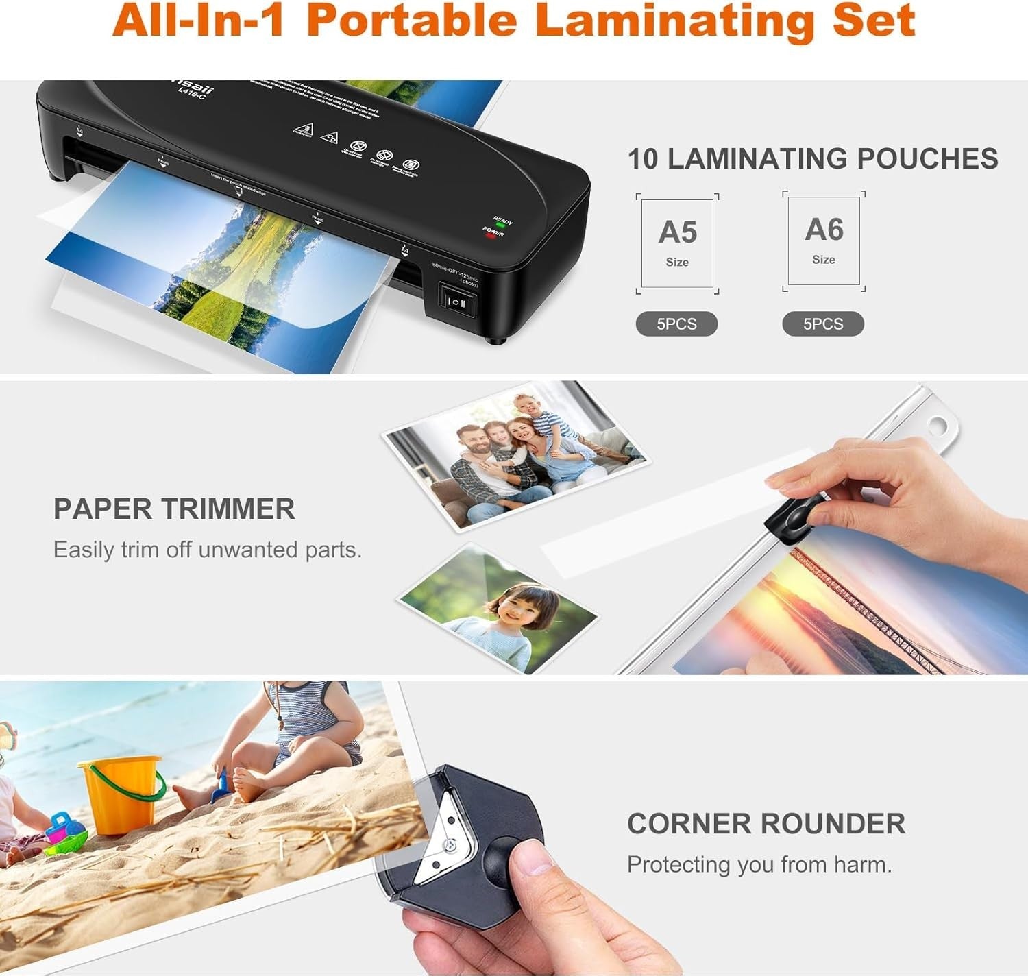 A4 5 in 1 Laminator Machine Never Jam Dual Heat Fast + Tools