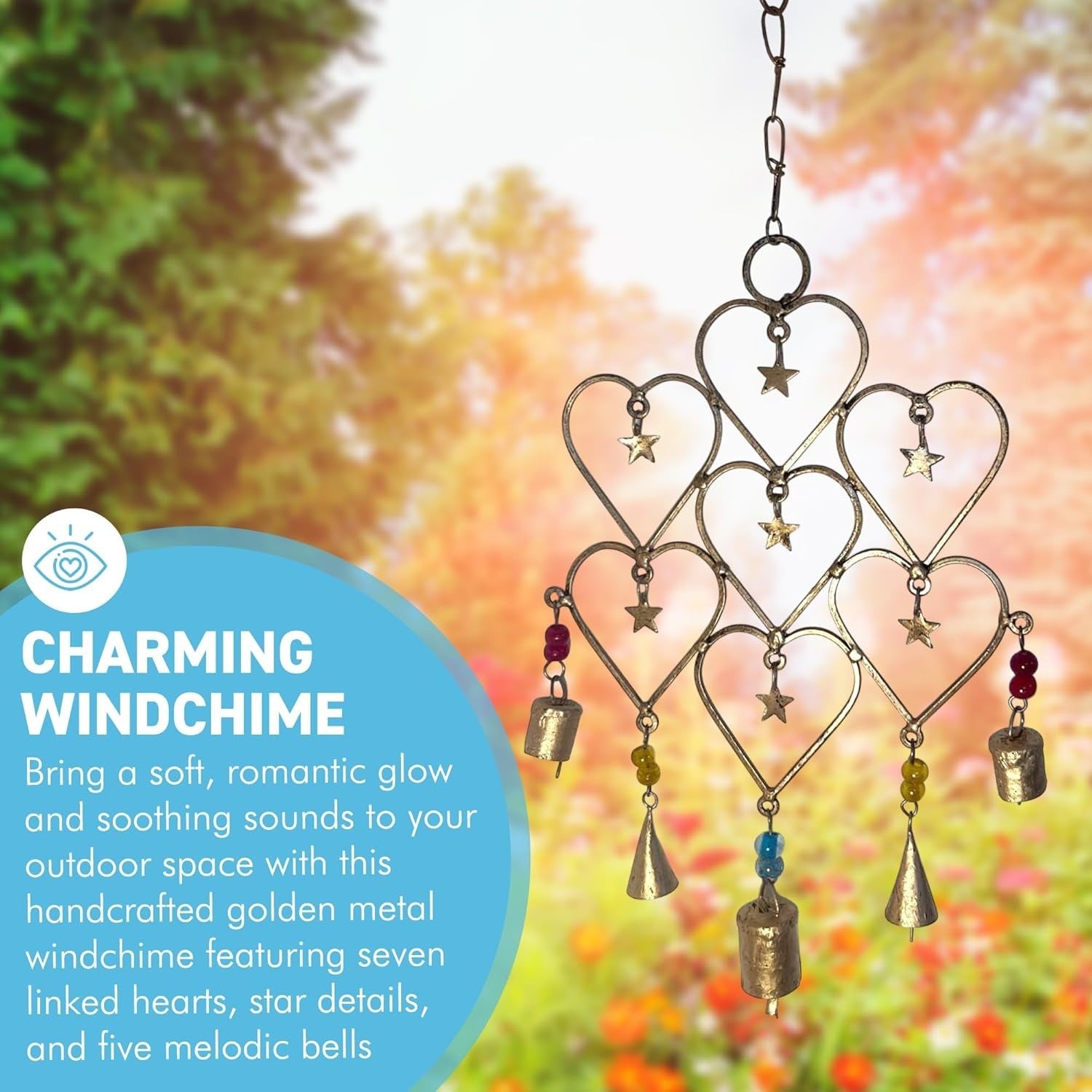 Heart & Stars Metal Windchime Garden Ornament | Distressed Boho Hanging Decor