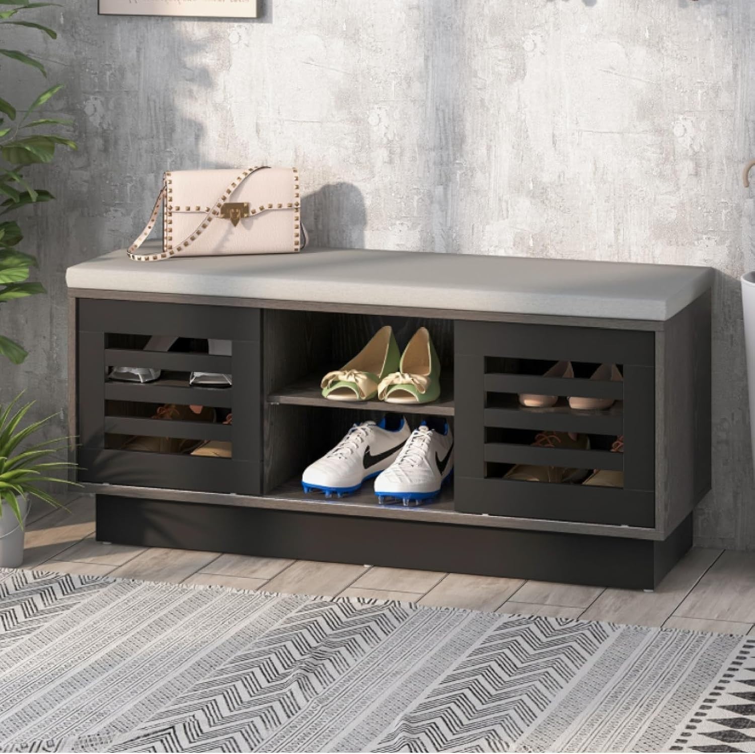 6-Compartment Grey Shoe Bench with Cushion & Adjustable Shelves for Home