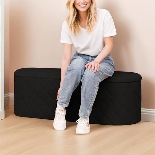 Black Oval Storage Ottoman Bench 3-in-1 Footrest Seat 110x38x38cm