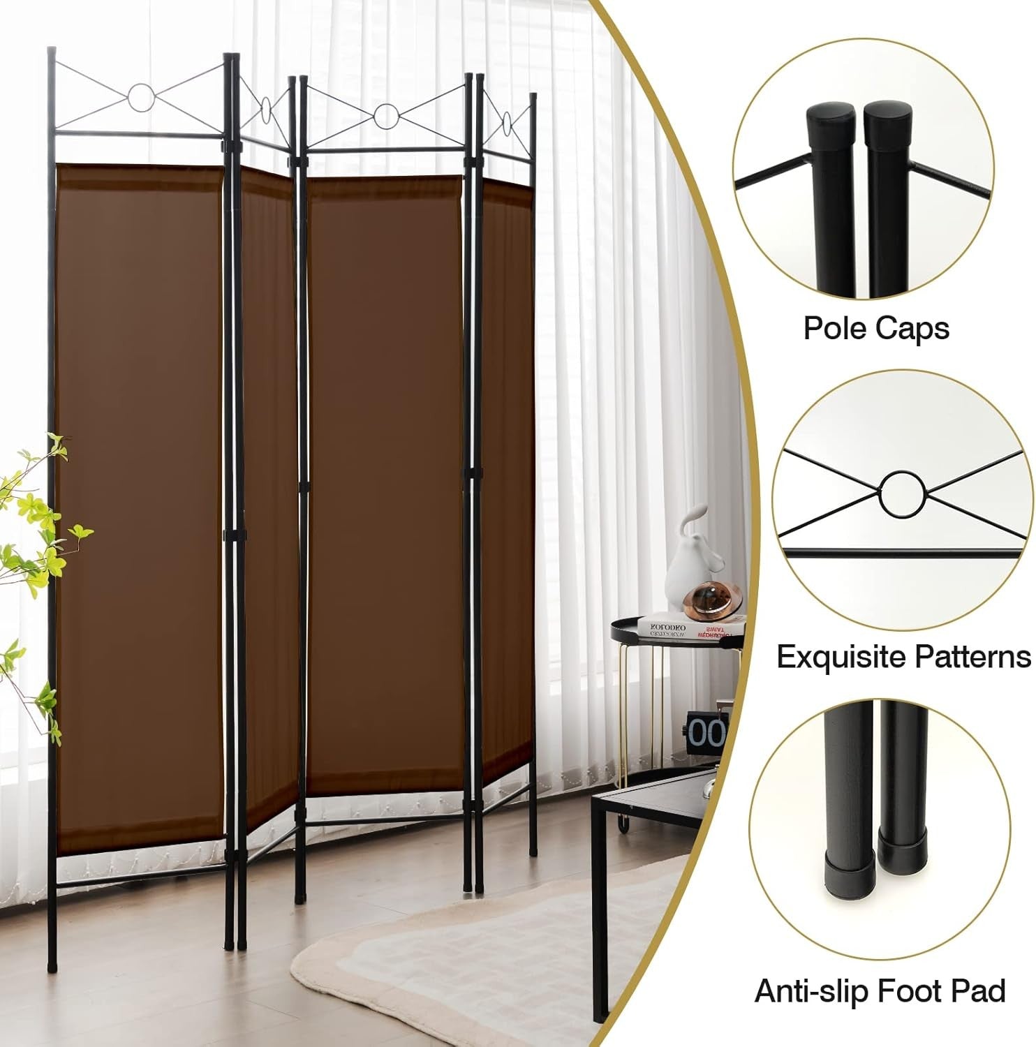4 Panel Brown Folding Room Divider Privacy Screen for Bedroom Office Living