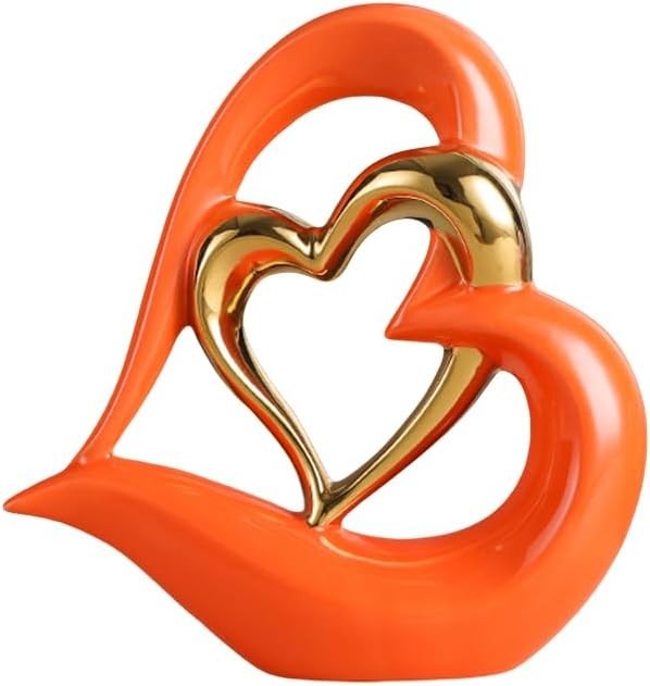 Modern Double Heart Ceramic Sculpture Ornament Gold Accent Home Decor Gift