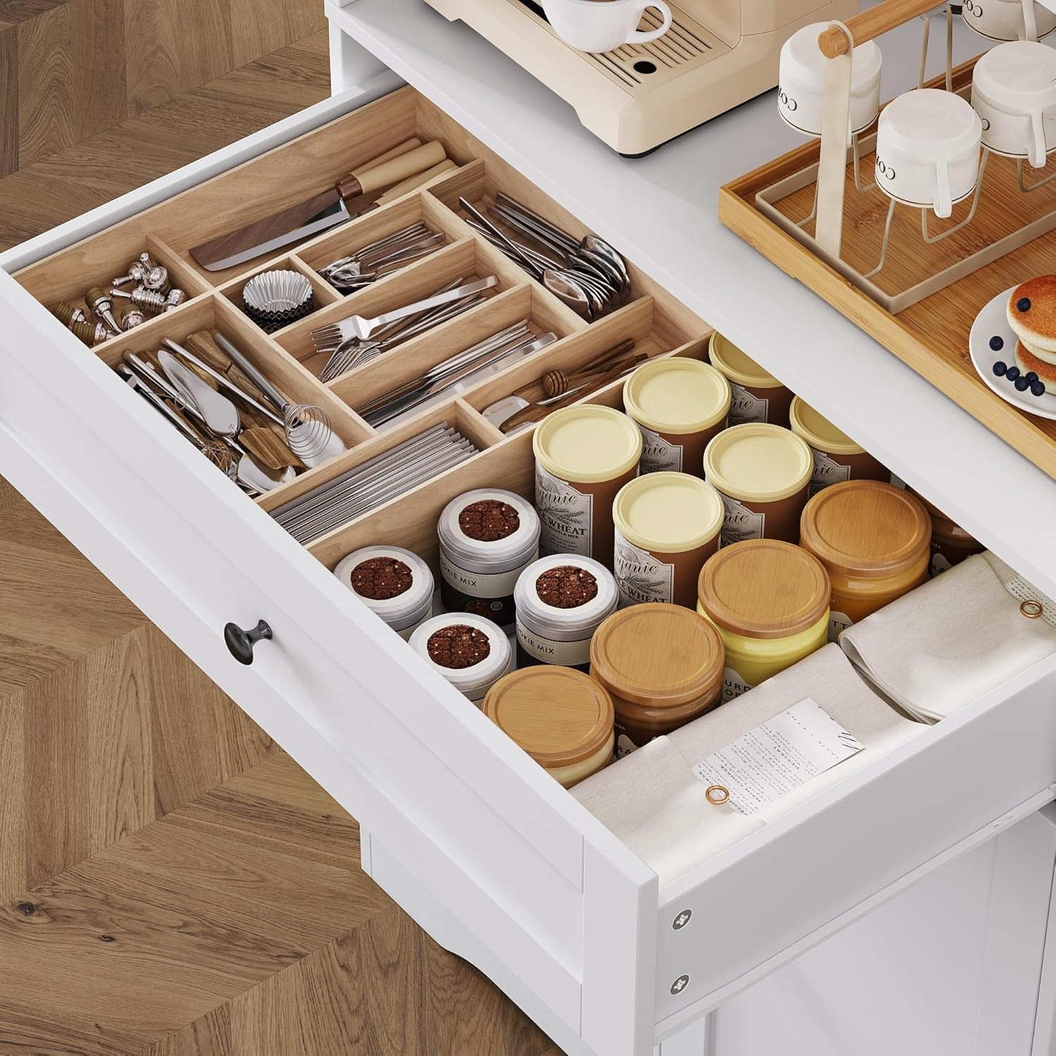 White Tall Kitchen Cabinet Cupboard with Countertop & Adjustable Shelves