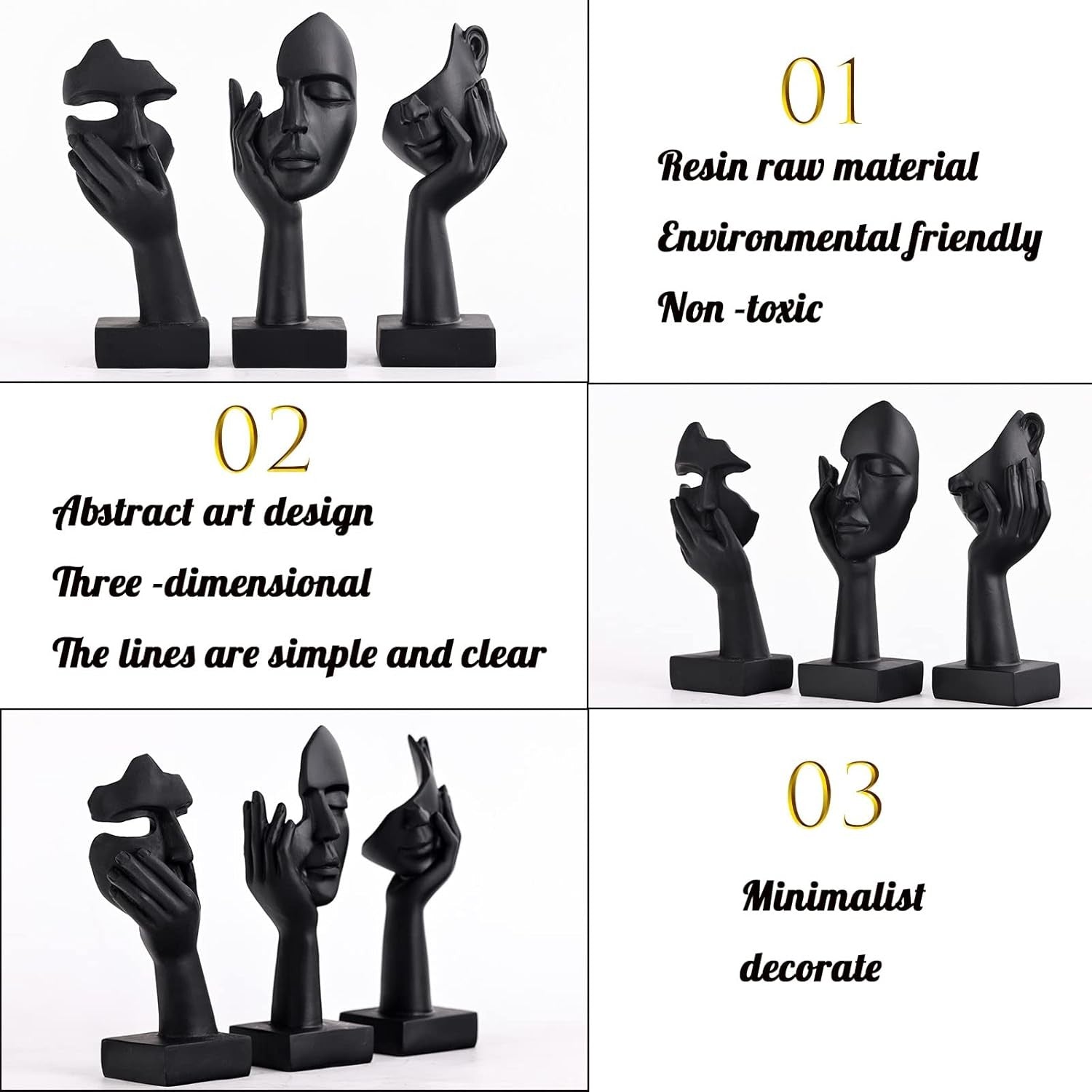 Black Woman Face Statue Set of 3 Modern Home Desk Decor