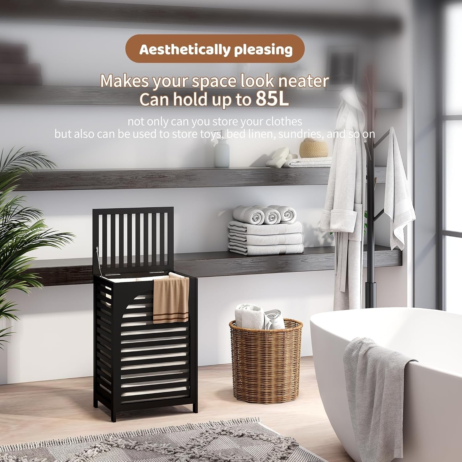 85L Black Bamboo Laundry Hamper with Lid Large Laundry Basket Removable Liner