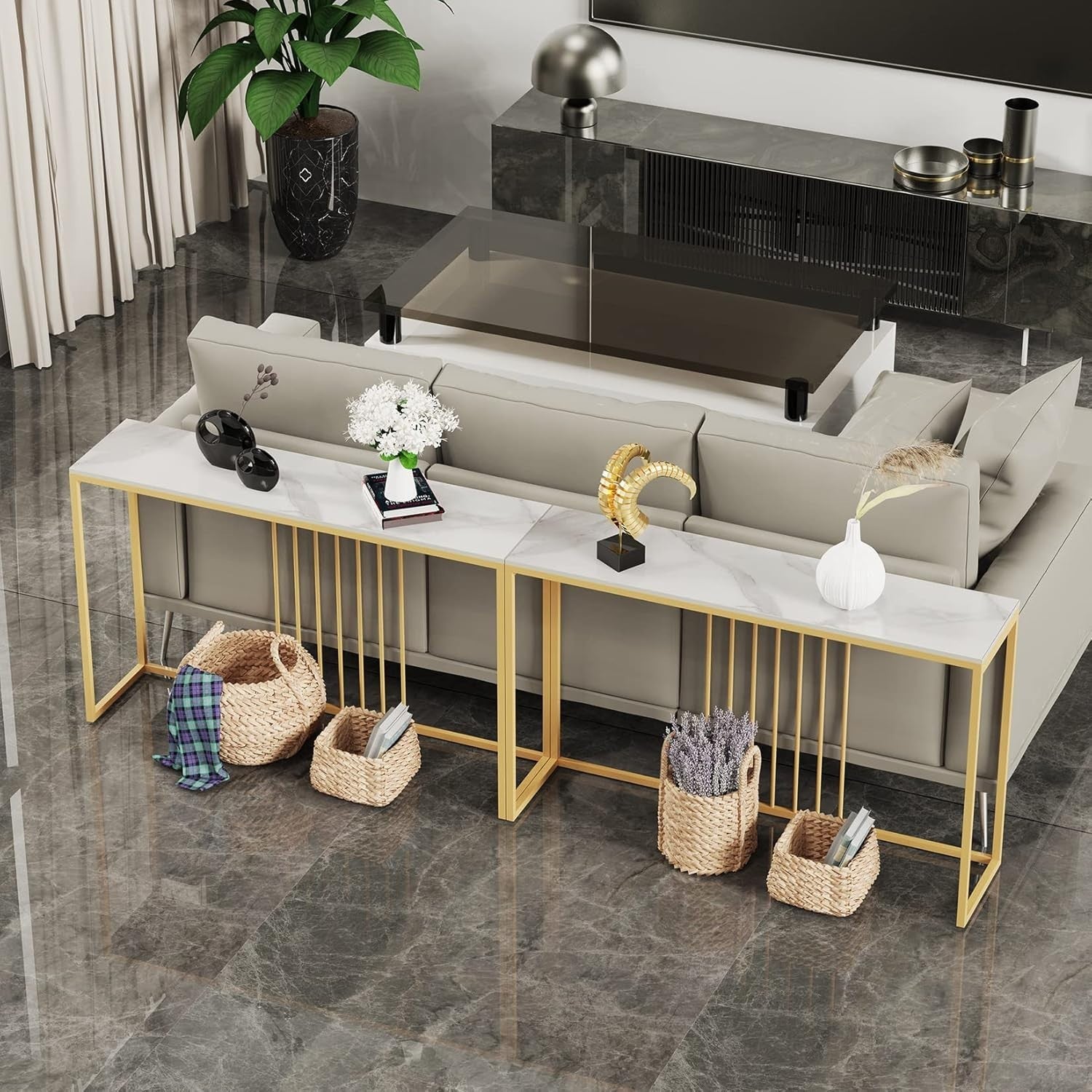 120cm White Marble Console Table – Gold Frame Slim Hallway Side Desk