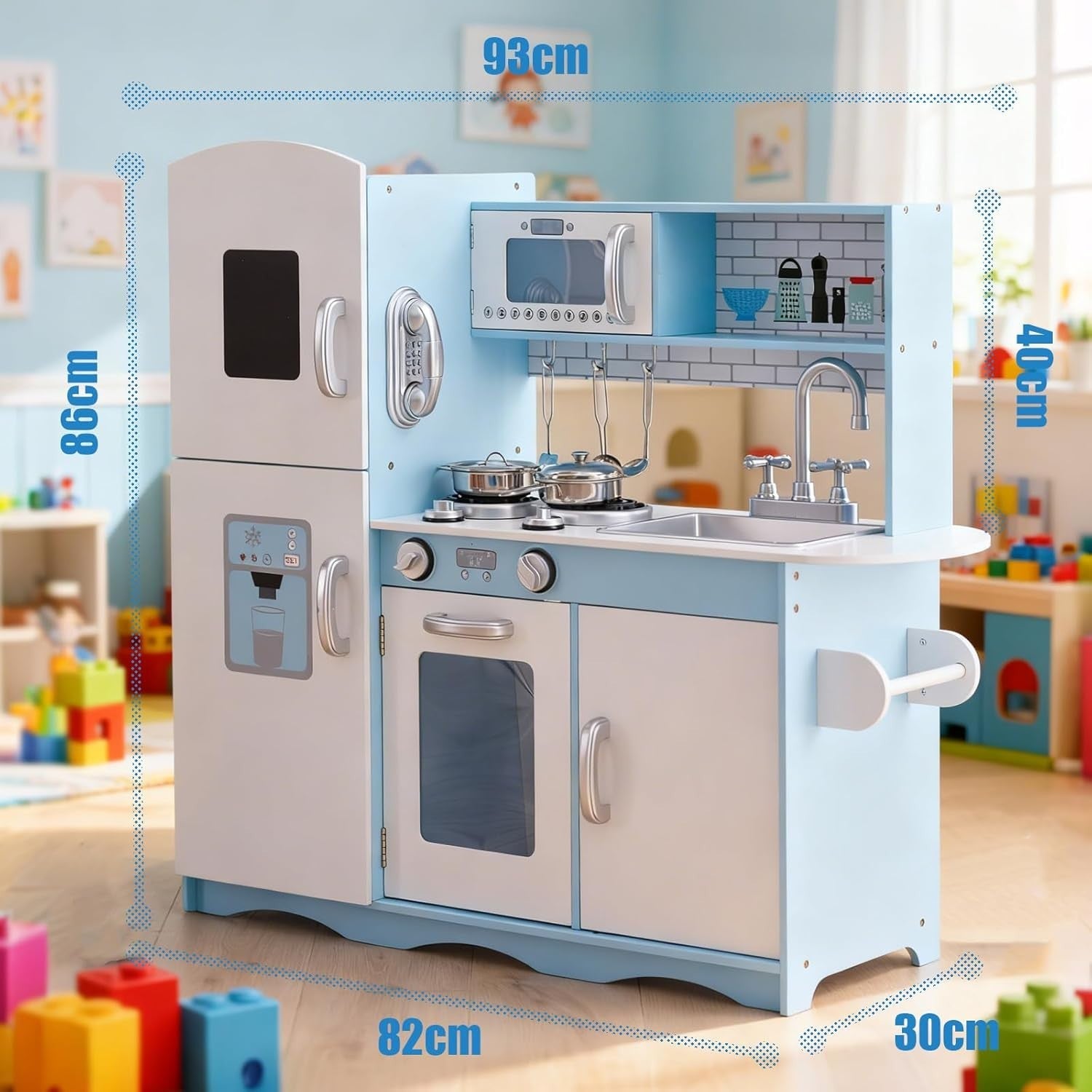 Wooden Kids Play Kitchen Role Play Cooking Toy Set Blue Accessories