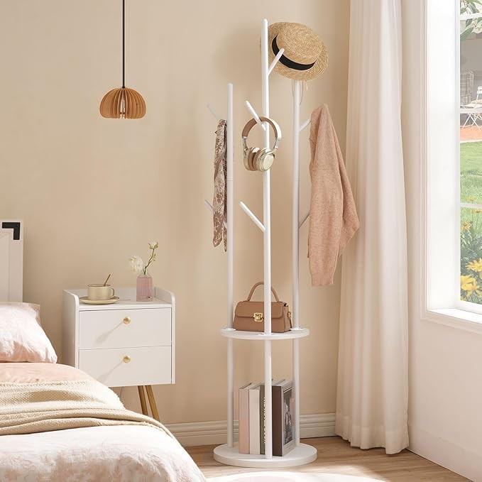 White Freestanding Coat Rack with 8 Hooks & Shelves | Modern Hall Tree Stand