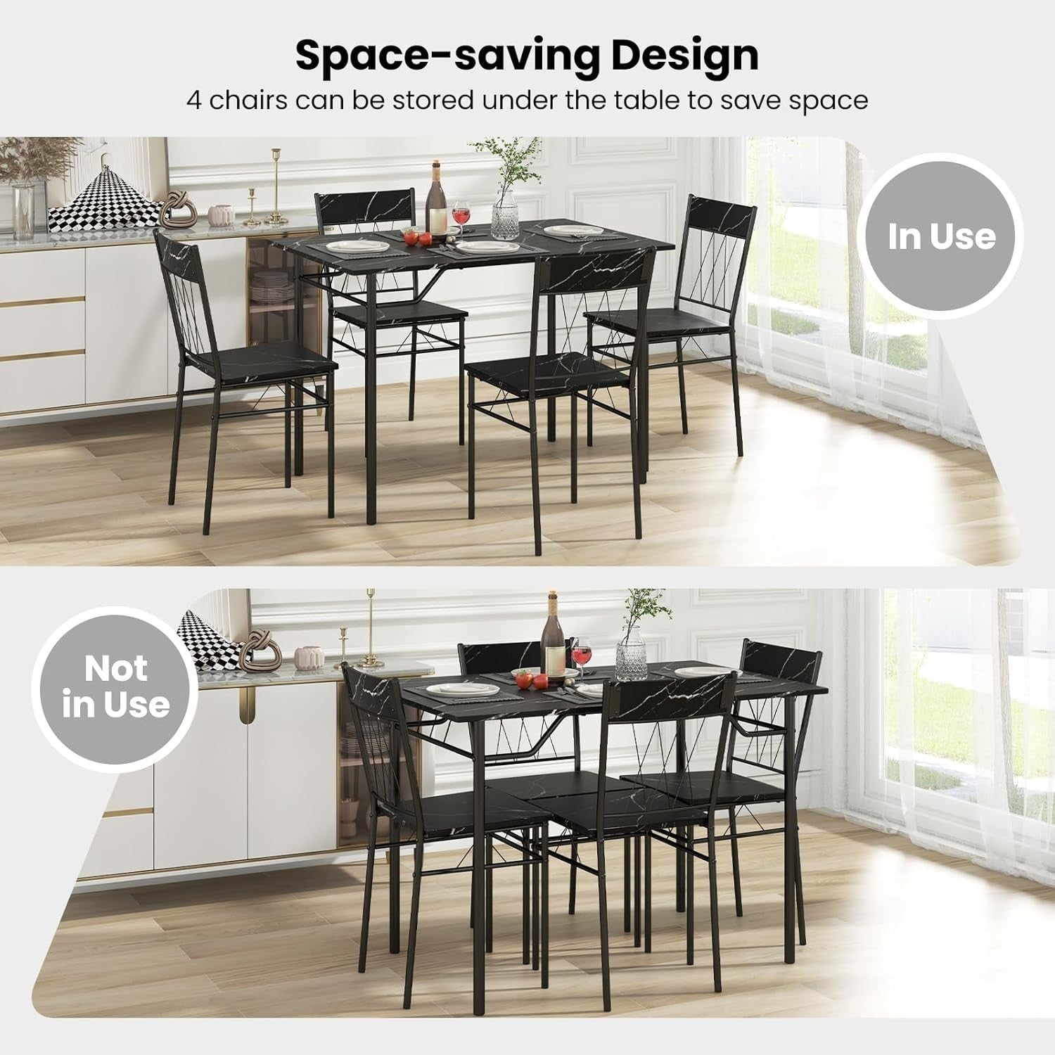 Black Marble Dining Table Set with 4 Chairs | Compact Kitchen & Living