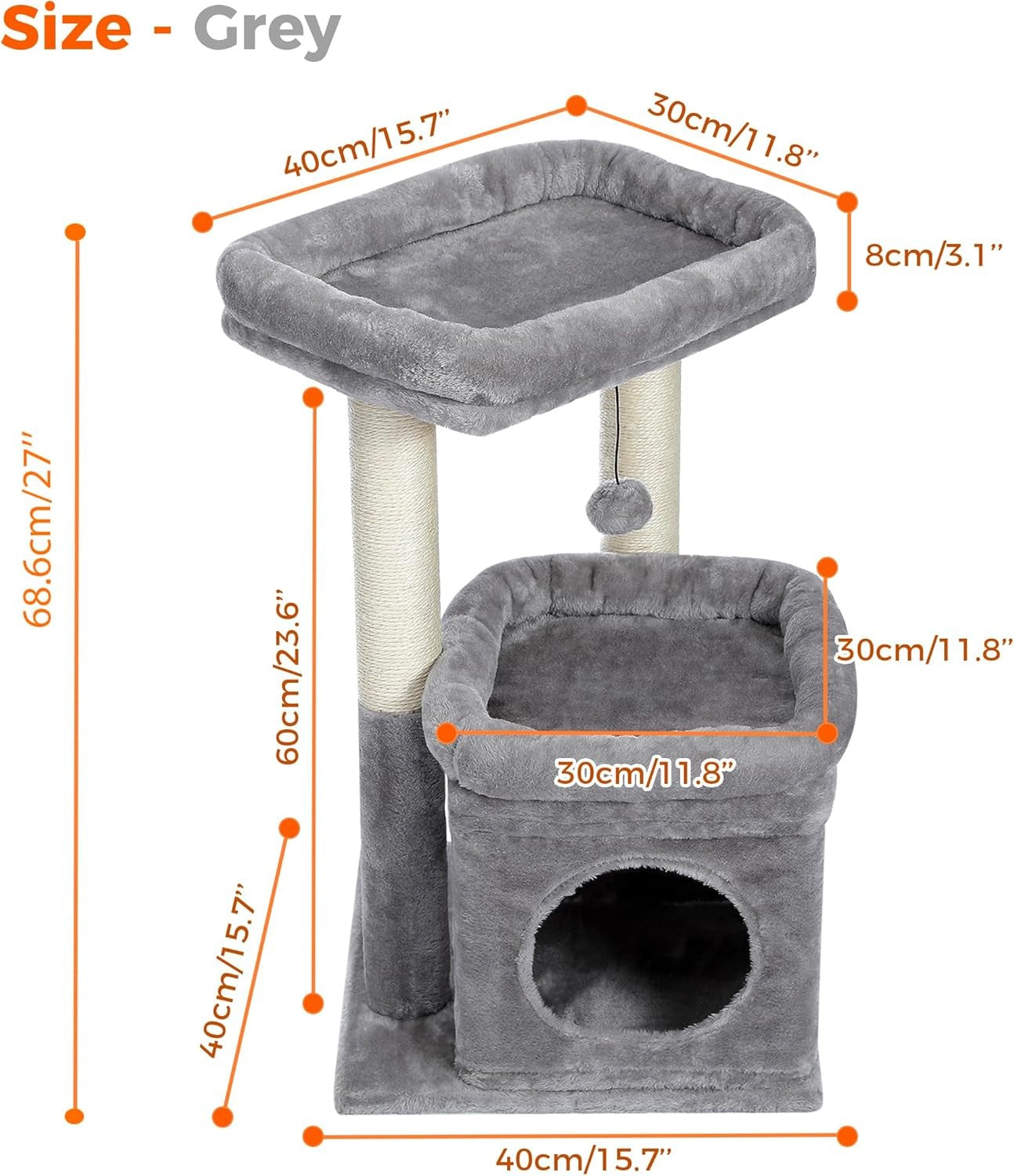 Small Cat Tree Tower with Condo Top Perch Sisal Scratching Post Grey