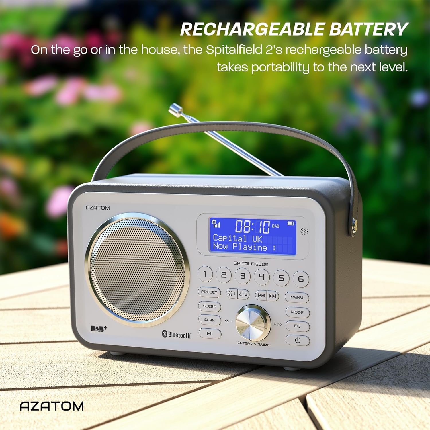 Grey Portable DAB DAB+ FM Digital Radio Bluetooth Rechargeable Dual Alarm