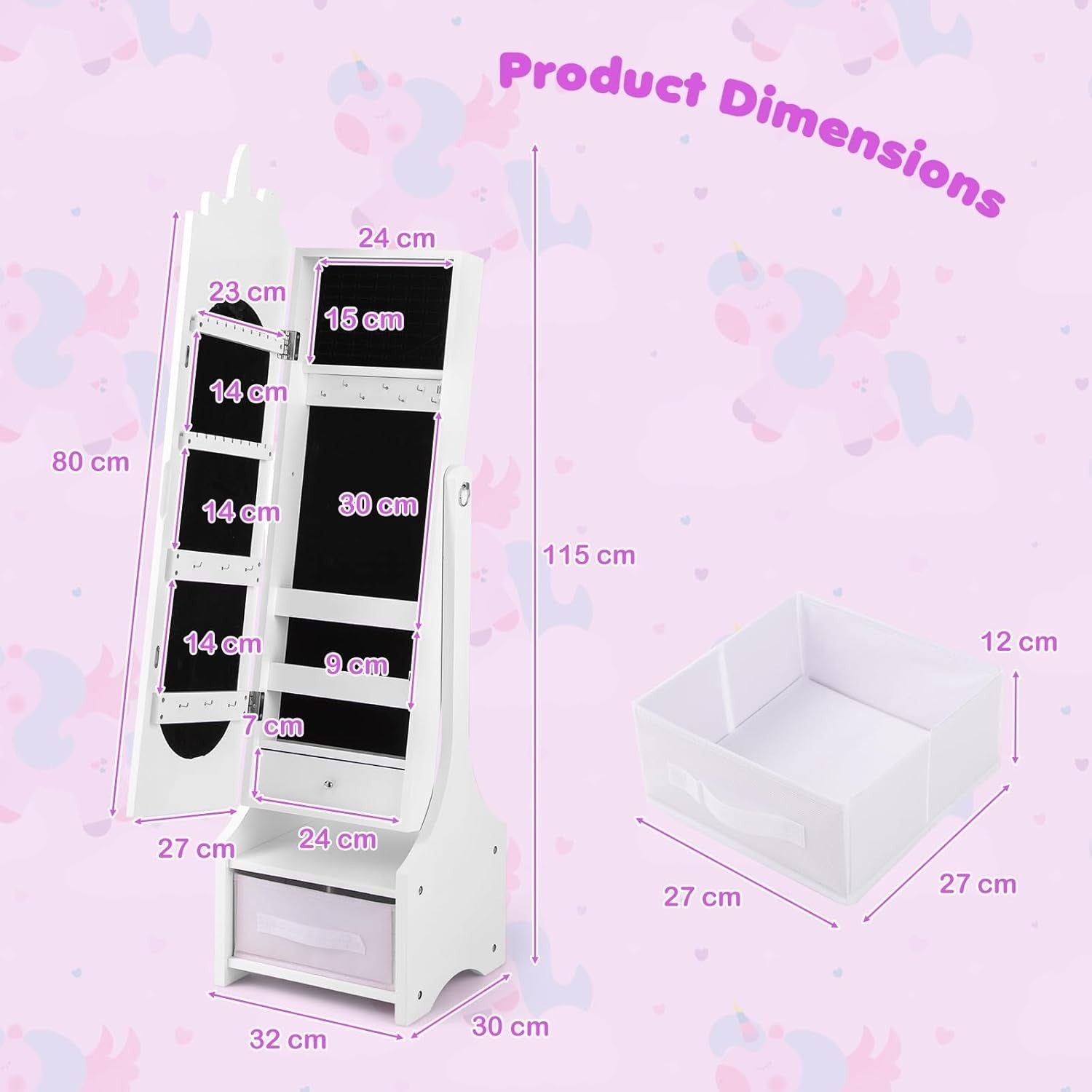 White Kids Jewelry Cabinet Mirror Freestanding Adjustable Storage Vanity
