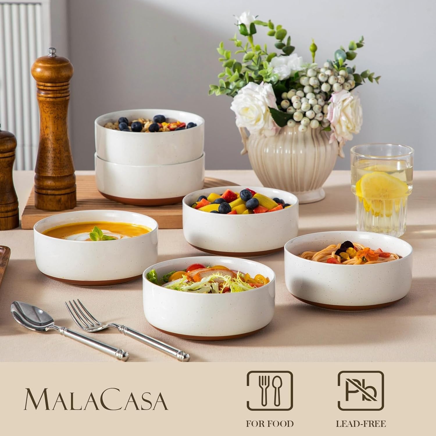 Cereal Bowls Set of 6 Ceramic Soup Breakfast Bowls 24oz Microwave Safe