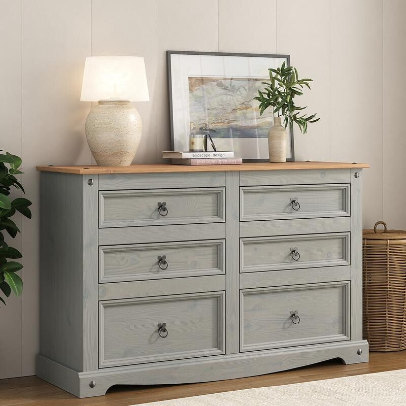 Grey 6 Drawer Chest Solid Pine Rustic Sideboard Bedroom Storage Unit 132cm