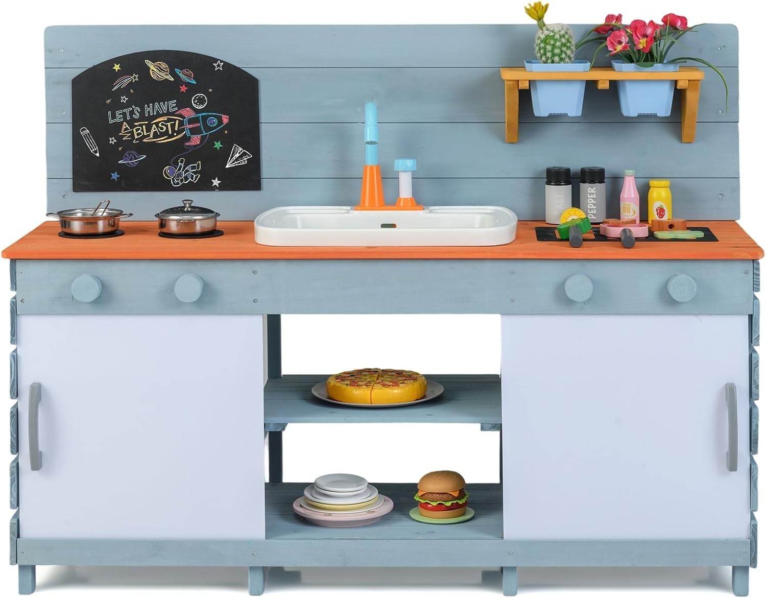 Outdoor Kids Mud Kitchen Wooden Playset Sink Stoves Chalkboard 3-8
