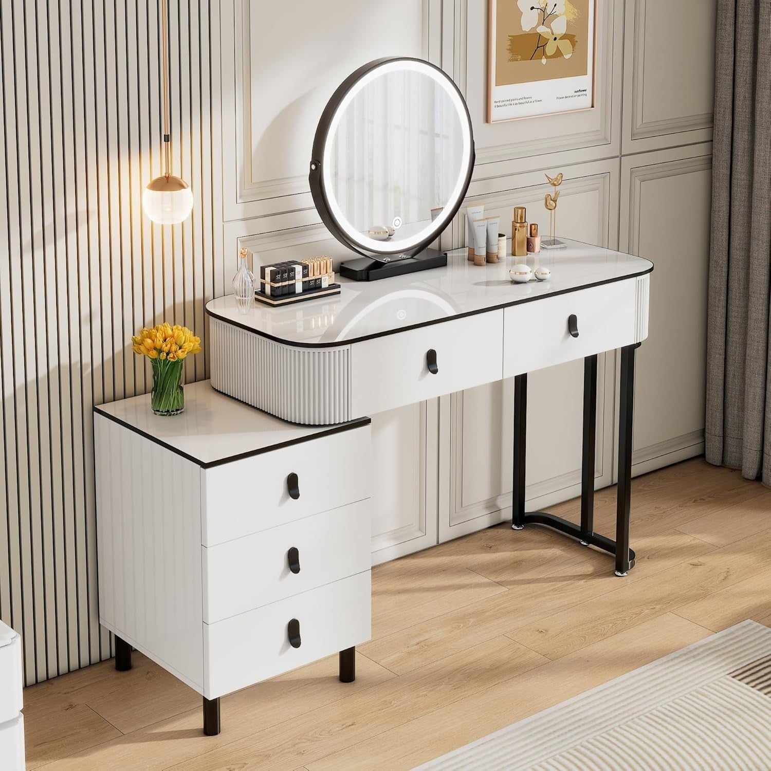 Large Vanity Dressing Table w/ 3-Color LED Mirror & 5 Drawers Storage Cabinet