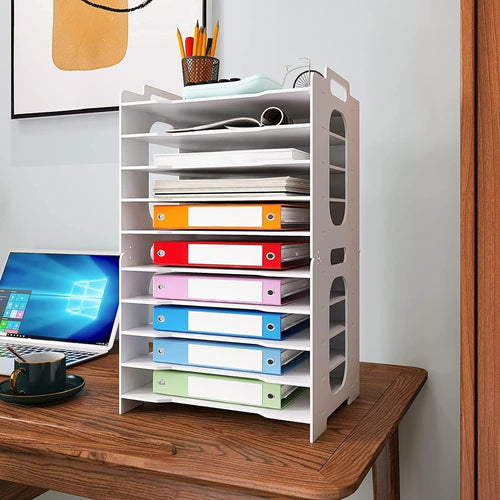 10-Tier A4 Desk Paper Tray Organizer | Desktop Filing Rack White