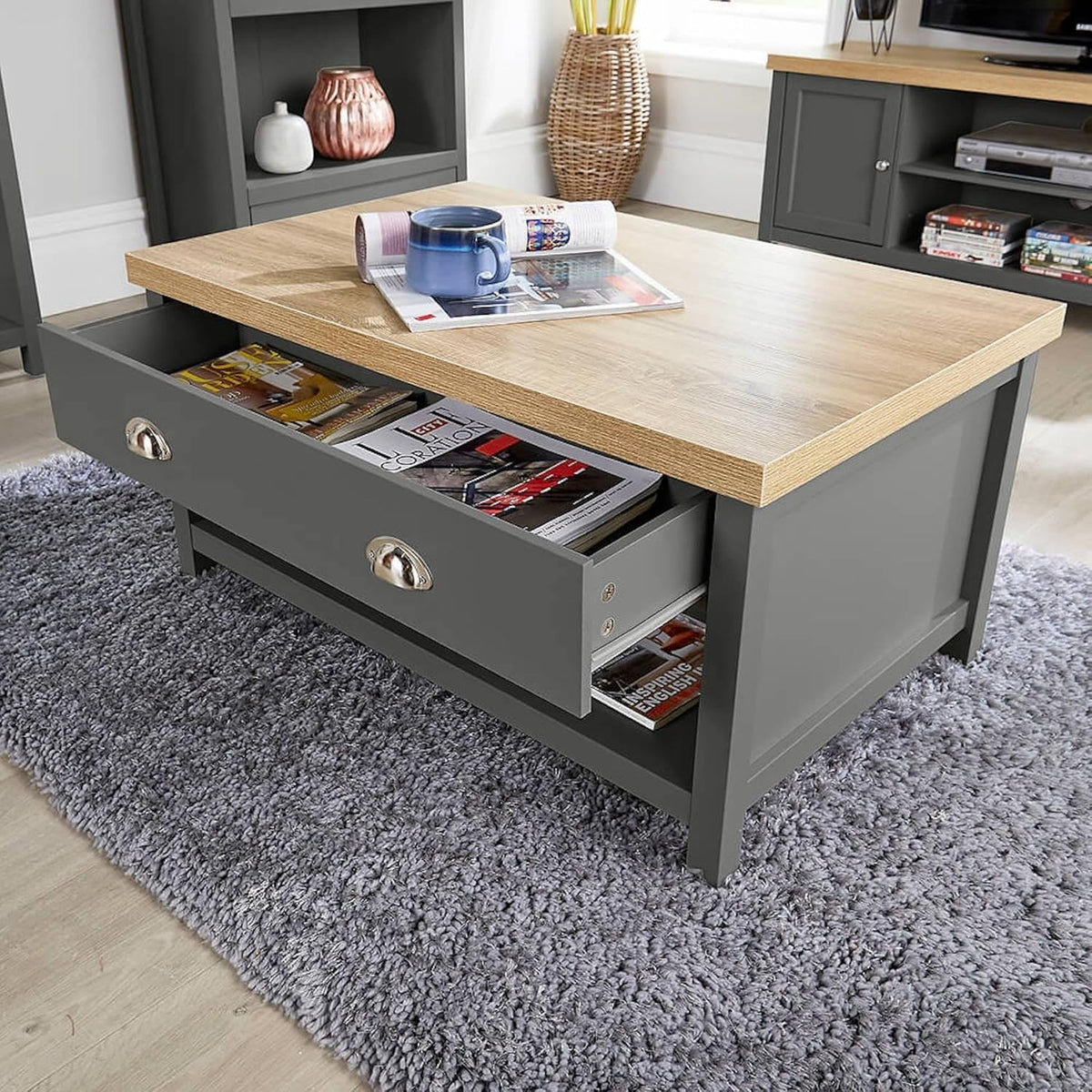 Modern Dark Grey Coffee Table with 2 Drawers Oak Effect 90x58x45cm Durable